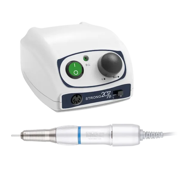 Torno micromotor Saeshin Strong 207S 45000 rpm, unidad de control y pieza de mano, para uso profesional. Panel de control del torno Saeshin Strong 207S con regulador de velocidad y botón de giro