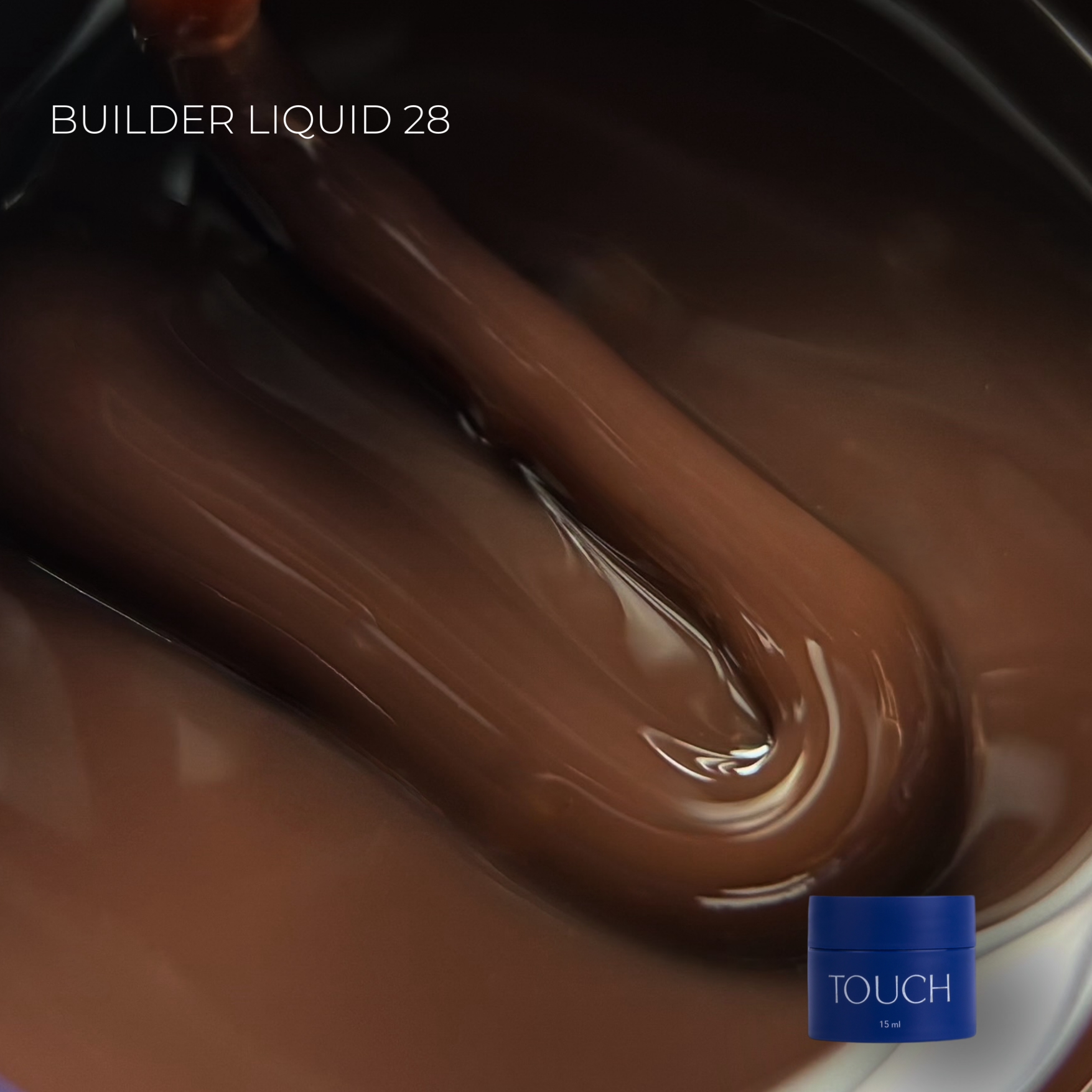 Bote de gel constructor líquido Touch Builder Liquid tono 28, chocolate intenso, para manicura profesional